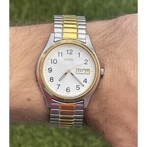VTG Seiko Day Date Two Tone Mens Watch 7N43-9048 Dead Battery Seiko Stretch Band